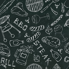 Seamless Pattern of Summer BBQ Grill Party. Glass of Red, White VineSteak, Sausage, Barbeque Grid, Tongs, Fork. Black Board Background and Chalk. Hand Drawn Vector Illustration. Doodle Style.