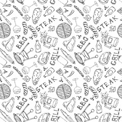 Seamless Pattern of Summer BBQ Grill Party. Steak, Sausage, Barbeque Grid, Tongs, Fork, Fire, Ketchup. Hand Drawn Vector Illustration. Doodle Style.