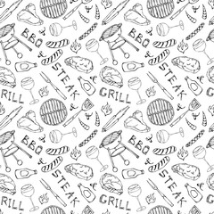 Seamless Pattern of Summer BBQ Grill Party. Glass of Red, Rose and White Wine, Steak, Sausage, Barbeque Grid, Tongs, Fork, Fire, Ketchup. Hand Drawn Vector Illustration. Doodle Style.
