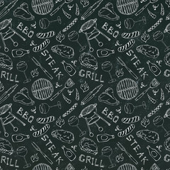 Seamless Pattern of Summer BBQ Grill Party. Glass of Red, Rose and White Wine, Steak, Sausage, Barbeque Grid. Black Board Background and Chalk. Hand Drawn Vector Illustration. Doodle Style.