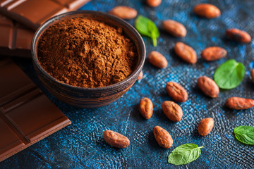 chocolate and cocoa on blue