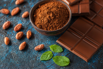 chocolate and cocoa on blue