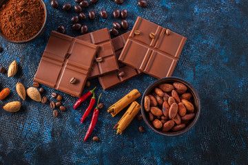 chocolate and cocoa on blue