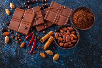 chocolate and cocoa on blue