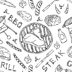 Seamless Pattern of Summer BBQ Grill Party. Big T-Bone Steak, Sausage, Barbeque Grid, Tongs, Fork, Fire, Ketchup. Hand Drawn Vector Illustration. Doodle Style.