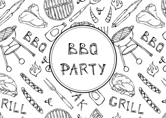 Seamless Pattern of Summer BBQ Grill Party. Steak, Sausage, Barbeque Grid, Tongs, Fork, Fire, Ketchup. Hand Drawn Vector Illustration. Doodle Style.