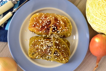 Savoy cabbage stuffed with vegetables in soy-honey sauce