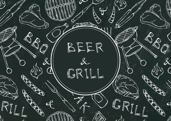 Fototapeta na wymiar Seamless Pattern of Summer BBQ Grill Party. Beer, Steak, Sausage, Barbeque Grid, Tongs, Fork, Fire, Ketchup. Black Board Background and Chalk. Hand Drawn Vector Illustration. Doodle Style.
