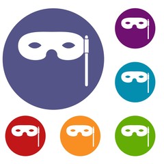 Carnival mask icons set in flat circle reb, blue and green color for web