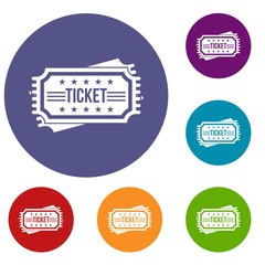 Ticket icons set in flat circle reb, blue and green color for web