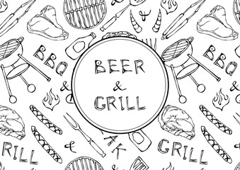 Seamless Pattern of Summer BBQ Grill Party. Beer, Steak, Sausage, Barbeque Grid, Tongs, Fork, Fire, Ketchup. Hand Drawn Vector Illustration.Doodle Style.