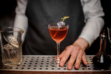 Bartender with a cocktail glass filled with summer drink