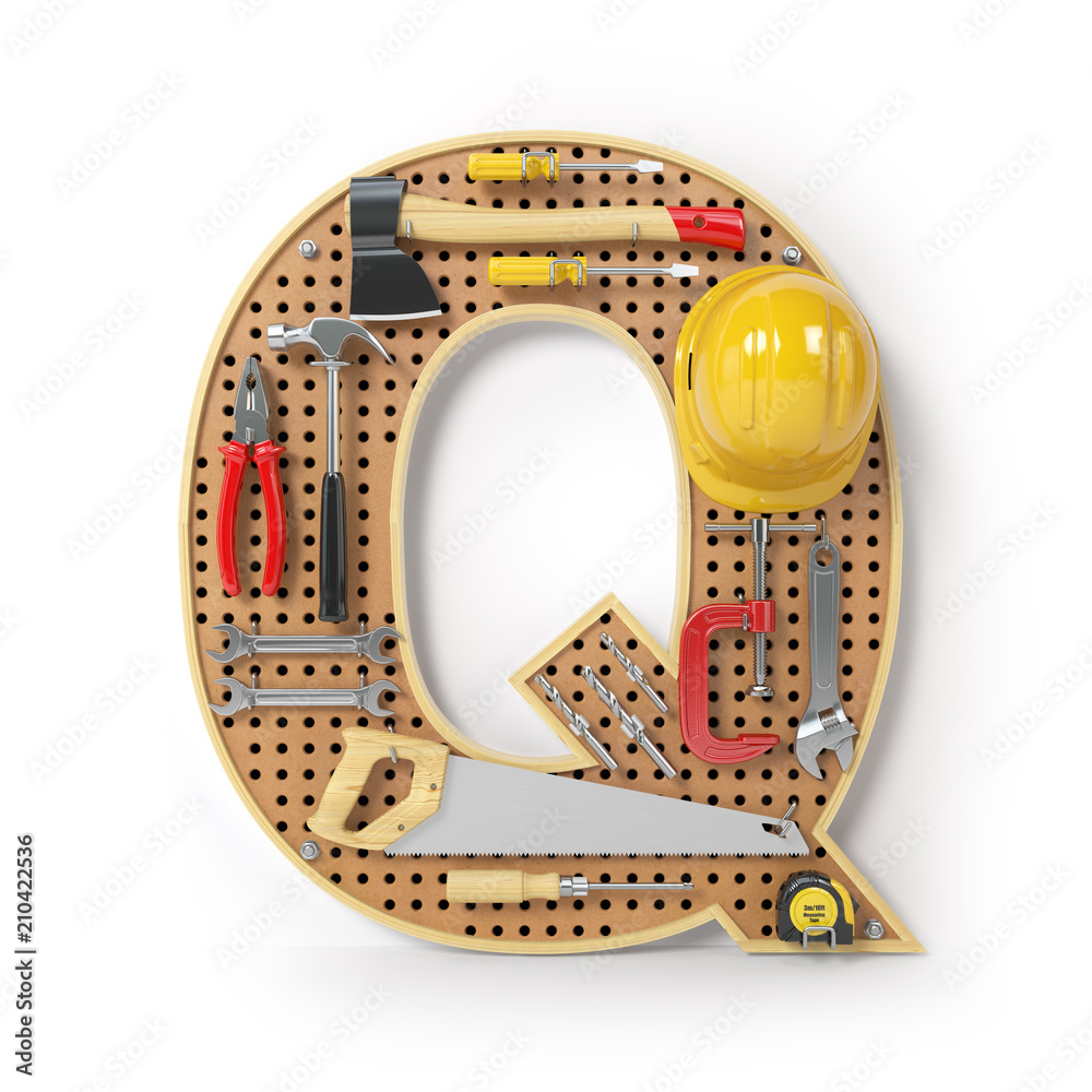 Wall mural letter q. alphabet from the tools on the metal pegboard isolated on white.