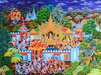 Native Thai Buddhist mural painting of the life of Buddha © boonsom