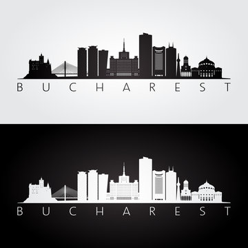 Bucharest skyline and landmarks silhouette, black and white design, vector illustration.