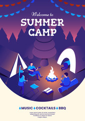 Summer camping party invitation poster. Group of people sitting at a campfire. Night camp illustration. Summer picnic. Design template for flyer or banner. Vector eps 10.