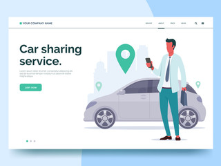Car sharing service advertising web page template. A man with a smartphone standing near the car. Modern landing page for mobile app with colorful illustration. Business website concept. Eps 10.