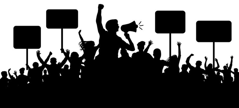 Crowd of people silhouette vector. Transparent, protest slogans. Speaker, loudspeaker, orator, spokesman. Applause of a cheerful people mob. Sports fans. Demonstration banner. Meeting of people