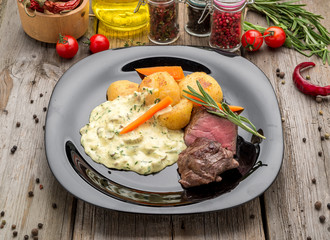 Fillet of beef with mushroom sauce and potatoes