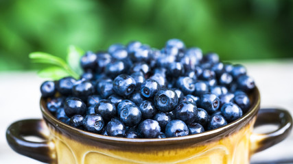 Blueberries in a bowl on a wooden table.