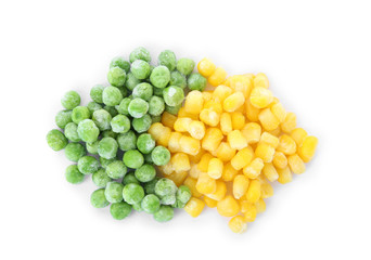 Mix of frozen vegetables on white background, top view