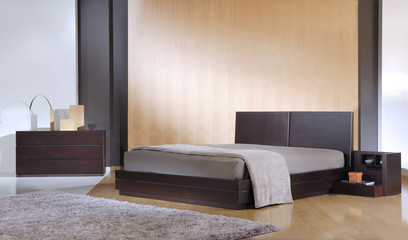 Wooden bed , modern bedroom interior