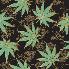 Cannabis or Marijuana leaves in green and gold. Hand drawn seamless pattern in vector format.- 210427956