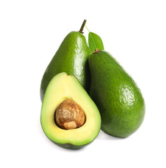 Ripe fresh avocados on white background