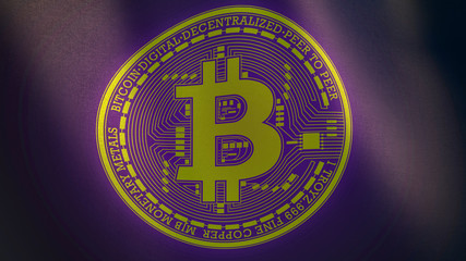 Bitcoin golden cryptocurrency logotype on waving violet flag