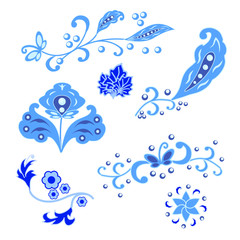 Set of isolated ornament elements in traditional Russian Gzhel style