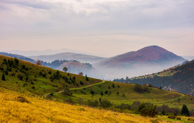 beautiful mountainous area in late autumn. foggy and overcast weather of November. lovely...