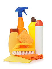 Different cleaning supplies on white background