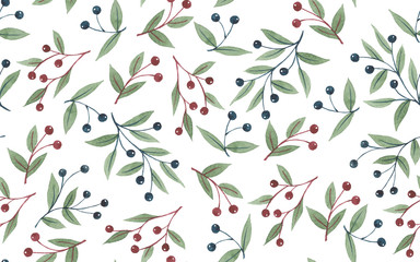 Watercolor seamless pattern with wild plant. Cranberry, blueberry.