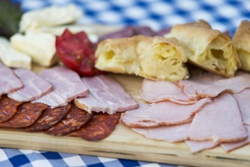 refection hors d'oeuvre. mix of meat meal. Sliced cheese, ham, sausage, cheese pie.