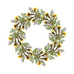 wreath of dandelions and spring wildflowers. sketch made by hand