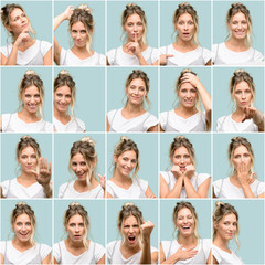 Young woman, diferent emotions collage over vintage green background