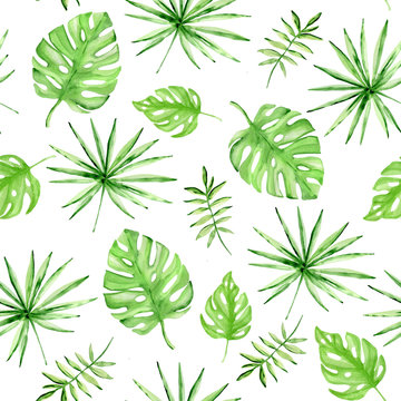 Seamless pattern with green palm leaves