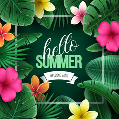 Summer background with tropical flowers and palm leaves. Vector illustration.
