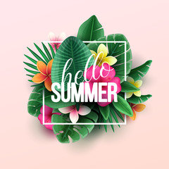 Summer background with tropical flowers and palm leaves. Vector illustration.
