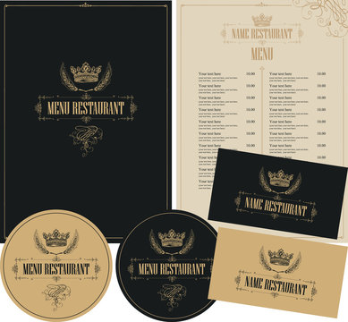 Vector set of design elements for a cafe or restaurant in baroque style with hand drawn crown in beige and black colors. Menu cover, price list, stands for drinks and business cards