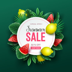 Summer sale background with tropical fruits and palm leaves. Vector illustration.