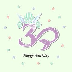 Vector illustration Number Three with Mermaid tail and Shell Crown. Template for Mermaid style birthday, party invitation, greeting card. Cute Number Three as logo, patch, sticker.