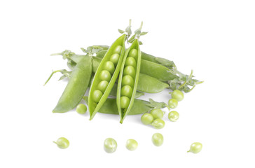 A lot of green, fresh peas in a pod on a white background. isolated