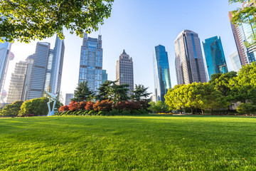 Obraz premium green lawn with modern office building