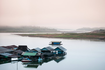 Morning landscape of floating village in Sangkhlaburi, Kanchanaburi, Thailand