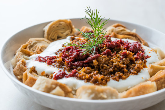 Turkish Manti with Yogurt, Minced Meat and Fried Butter Sauce From Artvin called Silor / Siron / Ziron Rolled Raw Dough and Fried Phyllo / Manlama