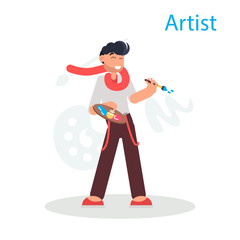 Artist with brush and pallet color flat illustration
