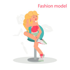 Fashion model sits on a chair in a pose for photo color flat icon