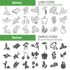 Different spices line and simple icons set