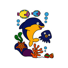 Dolphin cartoon illustration isolated on white background for children color book